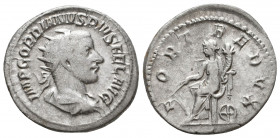 Gordian III AR Antoninianus. Rome, AD 241-243. IMP GORDIANVS PIVS FEL AVG, radiate, draped and cuirassed bust right / P M TR P IIII COS II P P, Apollo...