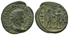 Gallienus AR Antoninianus. Samosata, AD 260. IMP C P LIC GALLIENVS P F AVG, Radiate and cuirassed bust right / VIRTVS AVG, Valerian, holding spear and...