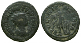 Quietus Æ Antoninianus. Antioch, AD 260-261. Radiate and draped bust right / Apollo standing left, holding branch; left hand on lyre.
Reference:RIC 3;...