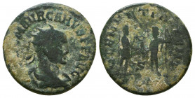 Carus. A.D. 282-283. AE silvered antoninianus, struck A.D. 282. IMP C M AVR CARVS P F AVG, radiate draped and cuirassed bust right, seen from back / C...