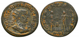 Carinus (283-285 AD). AE Antoninianus, Cyzicus.
Obv. IMP M AVR CARINVS P F AVG, radiate and cuirassed bust right.
Rev. CLEMENTIA TEMP, emperor standin...