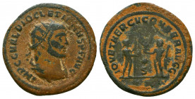 Diocletian (284-305), AE Antoninianus, issued 285. Antioch, 6th officina.
Obv: IMP C C VAL DIOCLETIANVS P F AVG, radiate, draped, and cuirassed bust r...