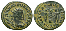 Maximianus
Antioch, 293 AD. Æ antoninianus. IMP C M A MAXIMIANUS PF AUG, radiate, cuirassed bust right / CONCORDIA MILITUM Jupiter right, presenting V...