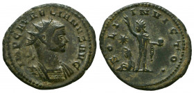 Aurelianus (270-275 AD). AE Antoninianus, 273-274 AD.
Obv. IMP AVRELIANVS AVG, radiate and cuirassed bust right.
Rev. ORIENS AVG, Sol standing left, h...