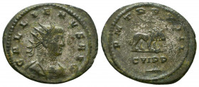 Gallienus. AD 253-268. AR Antoninianus . Antioch mint. 12th emission, circa AD 264-265. Radiate, draped, and cuirassed bust right / Radiate lion advan...