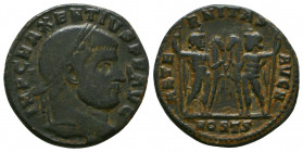 Maxentius AE Follis, Dioscuri reverse,
Maxentius (306-312 AD). AE Follis , Ostia, c. 309-312 AD.
Obv. IMP C MAXENTIVS P F AVG, laureate head right.
Re...