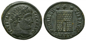 Constantine I. AD 307/310-337. Æ Follis . Antioch mint, 2nd officina. Struck AD 326-327. Laureate head right / Camp gate surmounted by two turrets; st...