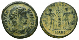 Constantine I (307/310-337). Æ Follis. Nicomedia, 336-337. Rosette-diademed, draped and cuirassed bust r. R/ Two soldiers, holding reversed spears, fl...