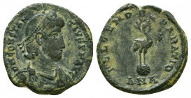 Constantius II AD 337-361. Antioch Follis Æ . DN CONSTANTIVS P F AVG, pearl-diademed, draped, and cuirassed bust right / FEL TEMP REPARATIO/ ANT, radi...