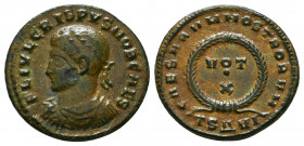 Crispus. Caesar, A.D. 317-326. AE . Thessalonica mint, struck A.D. 324. FL IVL CRISPVS NOB CAES, laureate, draped and cuirassed bust left / CAESARVM N...