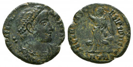 Valens AD 364-378. Antioch Follis Æ . D N VALENS P F AVG, pearl-diademed, draped, and cuirassed bust right , Victory walking left.
Reference:RIC IX An...