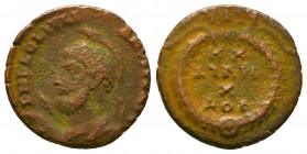 Julian II AD 360-363. 
Follis Æ.
D N FL CL IVLI-ANVS P F AVG, diademed, helmeted, and cuirassed bust of Julian to left, holding spear and shield / VOT...