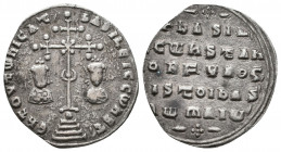 Basil II and Constantine VIII (976-1025 AD). AR Miliaresion, Constantinopolis.
Obv. EҺ TOЧTW ҺICAT bASILЄI C CWҺST, Facing busts of Basil and Constant...