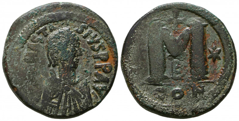 Anastasius I Æ Nummus. Constantinople, AD 498-507. D N ANASTASIVS P P AVG, pearl...