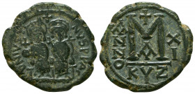 Justin II, with Sophia, 565-578. Follis, Cyzicus, 574-575 . D N IVSTINVS P P A Justin II, on left, and Sophia, on right, seated facing on a double thr...