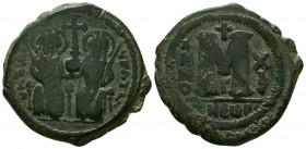 Justin II - Follis. 565-578 AD. Theoupolis (Antioch) mint. Obv: blundered legend with Justin left and Sophia right facing seated on double throne, bot...