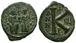 Justin II, with Sophia. 565-578. Æ Half Follis. Antioch mint. Dated RY 8 (572/3). Justin, on left, and Sophia, on right, seated facing on a double thr...