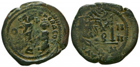 Heraclius, with Heraclius Constantine. 610-641. AE Follis
Constantinople mint,
Heraclius, holding long cross, and Heraclius Constantine, holding globu...