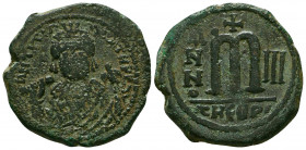 Maurice Tiberius. 582-602. AE follis. Antioch/Theopolis,
bust of Maurice Tiberius facing, wearing crown with trefoil ornament and consular robes, hold...