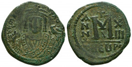 Maurice Tiberius. 582-602. AE follis. Antioch/Theopolis, struck 594/5 (regnal year 13). δN MAUr CN P AVT, bust of Maurice Tiberius facing, wearing cro...