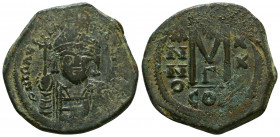 MAURICE TIBERIUS, 582-602. AE Follis, Constantinople Mint, Year 10 (A.D. 591/2).
S-492. Crowned and cuirassed bust facing, holding globus cruciger and...