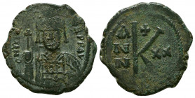 Maurice Tiberius. 582-602. Æ Half Follis . Constantinople mint. Dated RY 19 (600/1). Crowned and cuirassed facing bust, holding globus cruciger / Larg...