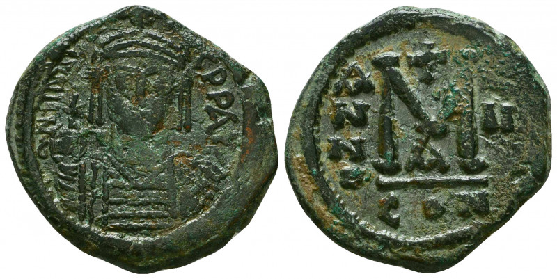 BYZANTINE EMPIRE. Maurice Tiberius, 582-602 AD. AE Follis of Constantinople, yea...