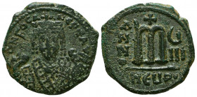 Maurice Tiberius. A.D. 582-602. AE follis. mint of Antioch as Theopolis , struck A.D. 594/5, regnal year 13. δ N mAЧΓI CN P AЧT , bust of Maurice Tibe...