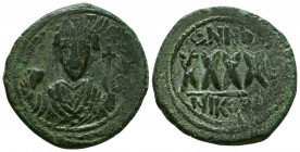 Phocas (602-610), 40 Nummi, Nicomedia, AD 605-606 AE. dmFOCA PERAVS, facing bust, wearing consular robe and crown with cross, holding mappa and sceptr...