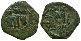 Heraclius (610-641) AE follis, issued RY 30 = 640/641. Constantinople.
Obv: Heraclius, Heraclius Constantine and Heraclonas standing facing, wearing c...