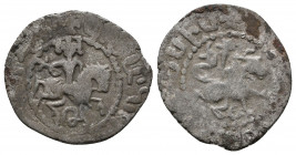 Cilician Armenia, Gosdantin IV (1365-1373). AR Takvorin . Gosdantin on horseback, holding sceptre with cross. R/ Lion walking r., cross above.
Referen...