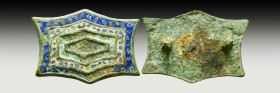 Very RARE Glass inlaid ancient Roman Fibula ,
Reference:
Condition: Very Fine

Weight: 18,3 gr
Diameter: 39 mm