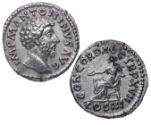 163 dC. Marco Aurelio. Denario. RIC 59. Ag. 3,05 g. Muy bella. Rara así. EBC+ / EBC. Est.200.