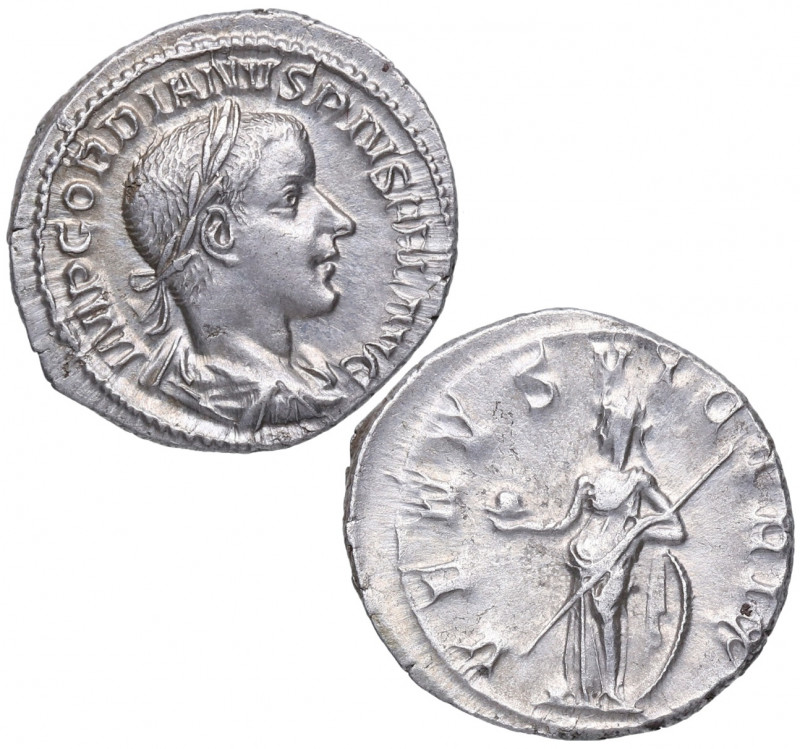 241 d.C. Gordiano III. Roma. Denario. RIC 131. Ag. 3,30 g. Busto de Gordiano a d...