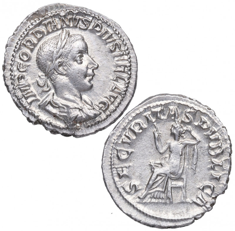 241 d.C. Gordiano III. Roma. Denario. RIC 130. 3,34 g. Busto de Gordiano a derec...