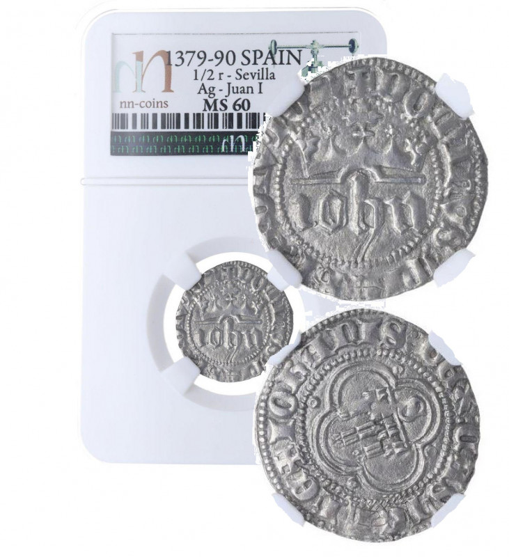1379-1390. Juan I (1379-1390). Sevilla. 1/2 Real. Ag. Encapsulada por NN-COINS M...