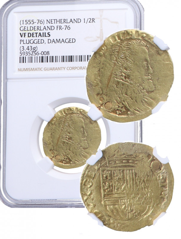 1555-76. Felipe II (1556-1598). 1/2 Real. LM. Au. 3,43 g. Escasa asi. Encapsulad...