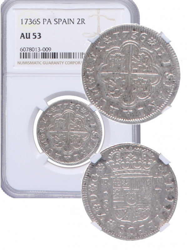 1736. Felipe V (1700-1746). Sevilla. 2 Reales. PA. A&C 993. Ag. Encapsulada en N...