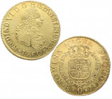 1760/59. Fernando VI (1746-1759). Santiago. 8 escudos. J. A&C 839. Au. 27,02 g. Bellísima. Pleno brillo original. Resello flor en anverso. ESCASA. SC ...
