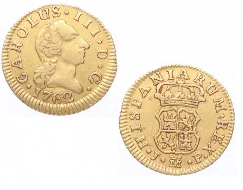 1762. Carlos III (1759-1788). Madrid. 1/2 escudo. JP. A&C 1245. Au. 1,79 g Atrac...