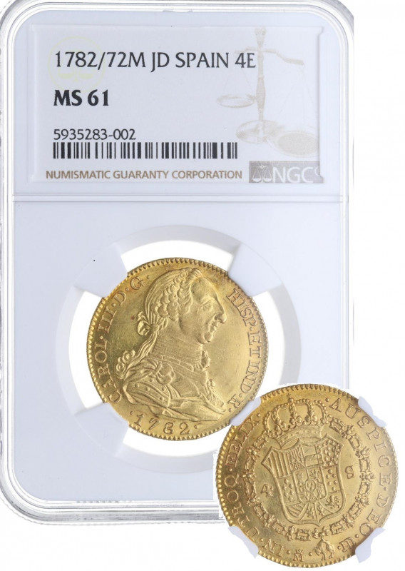 1782/72. Carlos III (1759-1788). Madrid. 4 escudos. DV. A&C 1791. Au. RARA sobre...