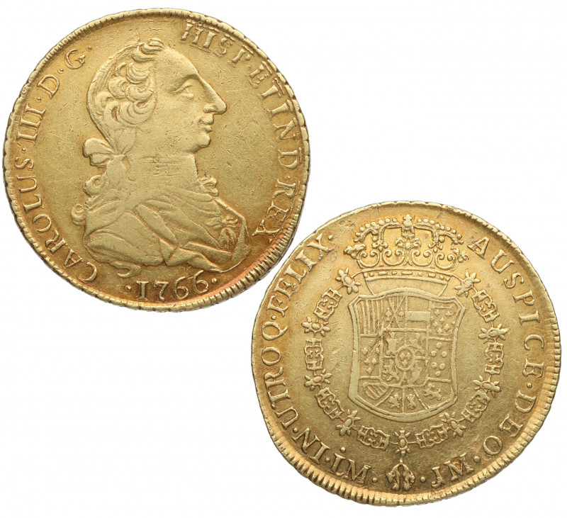 1766. Carlos III (1759-1788). Lima. 8 Escudos. JM. A&C 1919. Au. 26,93 g. MUY RA...