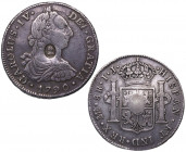 1790. Carlos IV (1788-1808). Lima. 8 reales. IJ. A&C 904. Ag. 26,65 g. Resello de Jorge III. RARA. MBC+ (resello EBC). Est.1000.