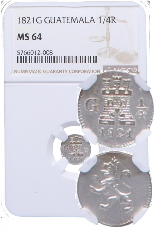 1821. Fernando VII (1808-1833). Guatemala. 1/4 Real. A&C 258. Encapsulada en NGC...
