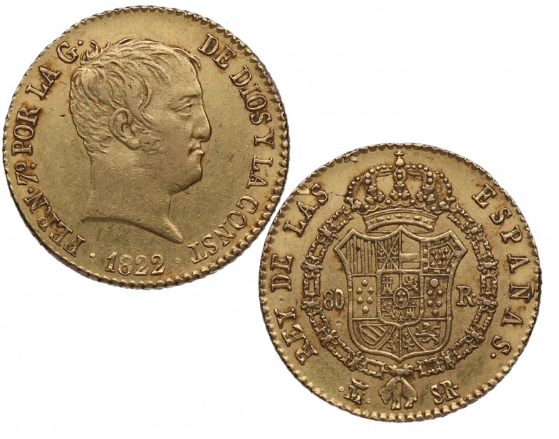 1822. Fernando VII (1808-1833). Madrid. 80 reales. SR. A & C 30. Au. 10,00 g. EB...