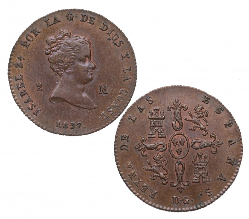 1837. Isabel II (1833-1868). DG. 2 maravedís. A&C 48. Cu. Rara. Bella. NGC MS 63...