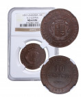 1873. I República (1868-1871, 1873-1874). Andorra. 10 céntimos. A&C 2. Ae. ESCASA. Encapsulada en NGS en MS 64 BN. SC. Est.750.