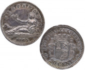 1869*69. I República (1868-1871, 1873-1874). Madrid. 20 céntimos. SMN. A&C 11. Ag. 1,15 g. MUY RARA. SC. Est.7000.