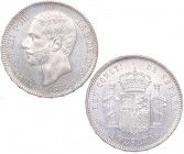 1884*84. Alfonso XII (1874-1885). Madrid. 5 Pesetas. MSM. A&C 57. 24,97 g. Bellísima. Brillo original. Rara así. SC. Est.1000.