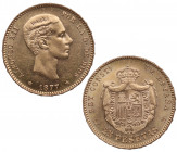 1877*77. Alfonso XII (1874-1885). Madrid. 25 pesetas. DEM. A & C 30. Au. 8,10 g. Bella. Brillo original. Insignificantes marquitas. SC. Est.425.